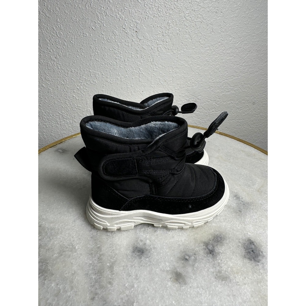 Kids Black Winter Snow Boots Faux Fur Lined Bungee Toggle Quilted Warm Shoes